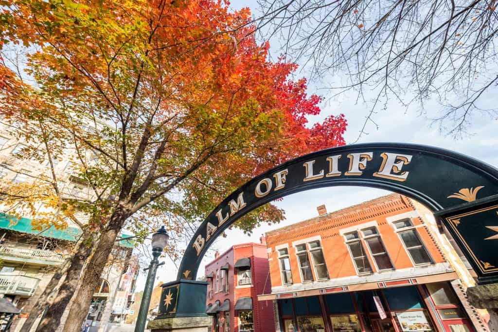 Historic downtown Eureka Springs with fall foliage in Eureka Springs, Arkansas