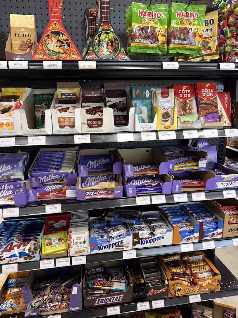 Imported European chocolate and candy shelves at Gourmet European Market in Dallas