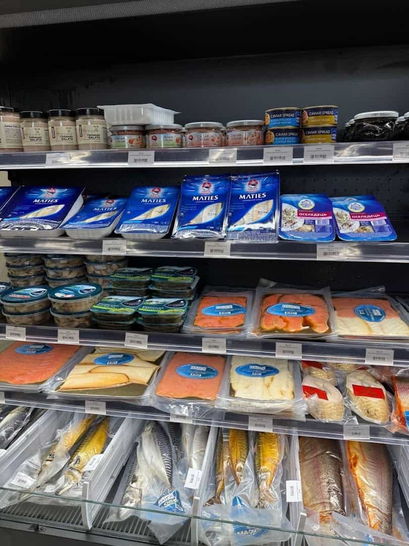 Smoked fish, salmon and caviar deli case at Gourmet European Market in Dallas