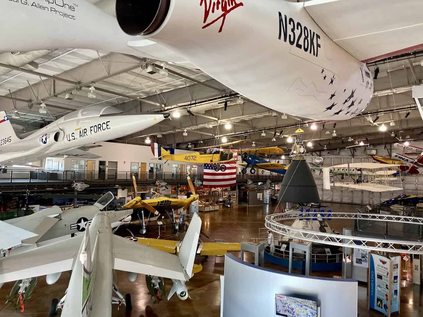 Experimental aircraft suspended in the hangar at the Frontiers of Flight Museum in Dallas