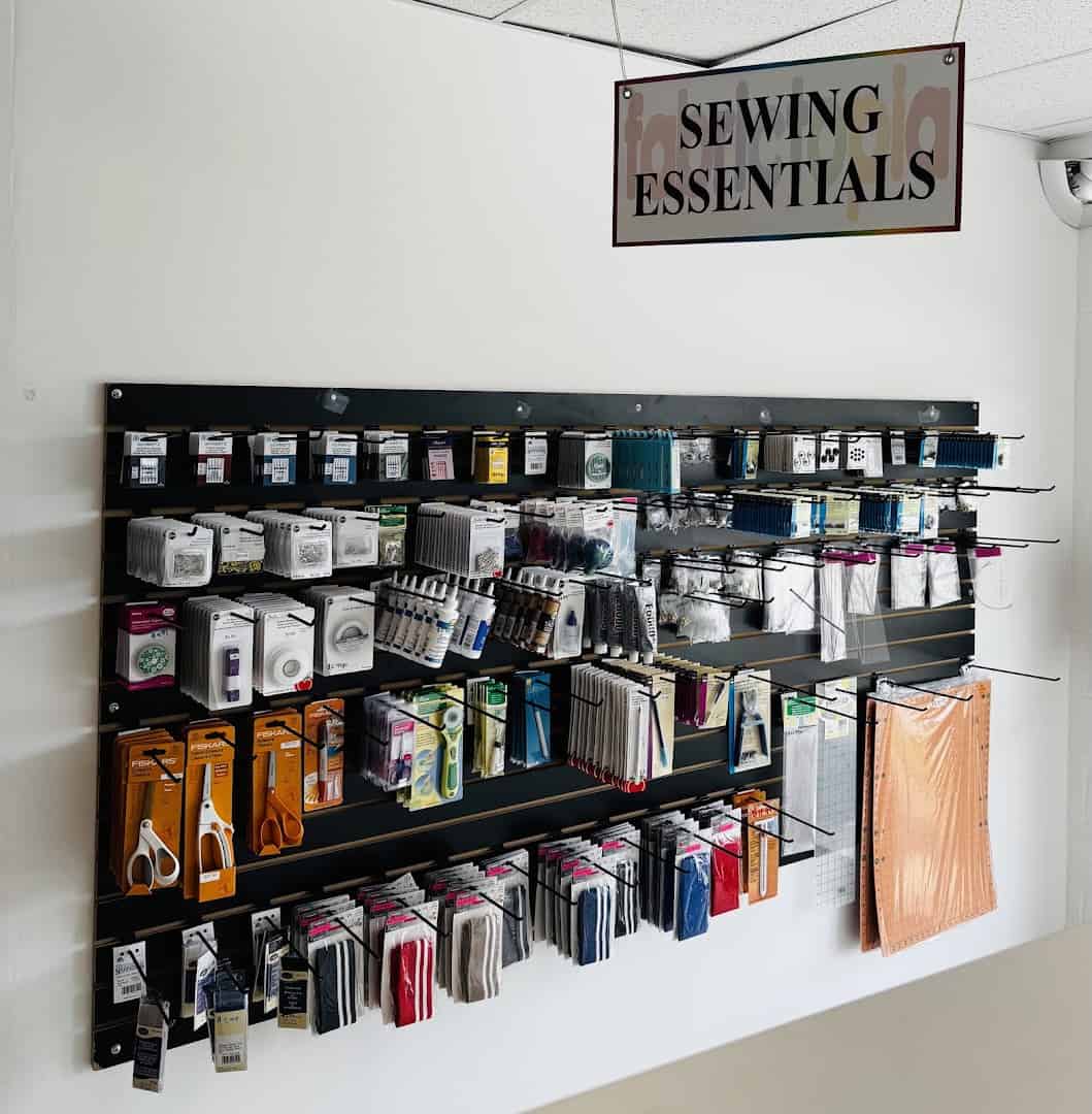 Sewing essentials and notions display at Fabrictopia in Houston