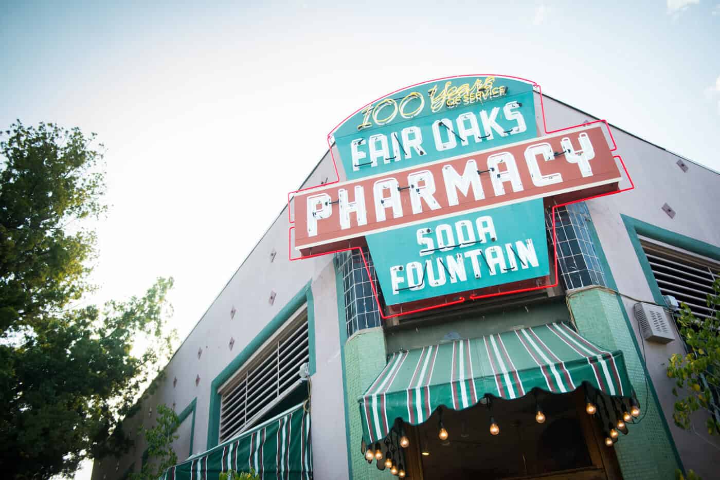 The neon Fair Oaks Pharmacy Soda Fountain sign in South Pasadena