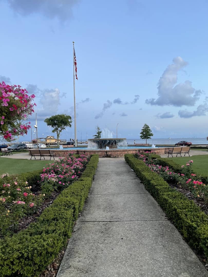 Flower garden and fountain overlooking Mobile Bay in Fairhope, Alabama