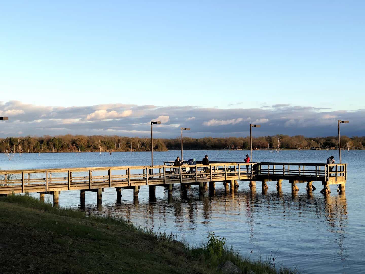 Fishing pier reaching over the lake at Purtis Creek State Park
