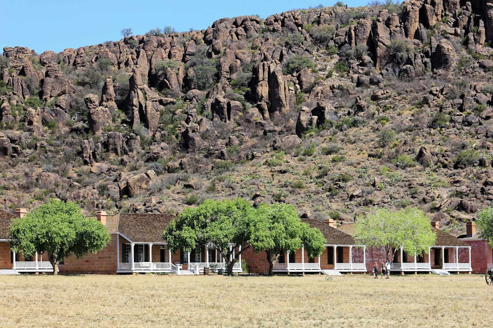 Historic fort buildings below the Davis Mountains in Fort Davis, Texas