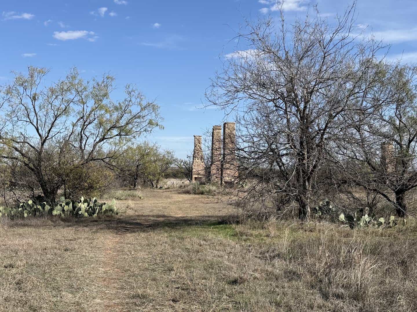 Distant stone chimneys across the plains at Fort Phantom Hill