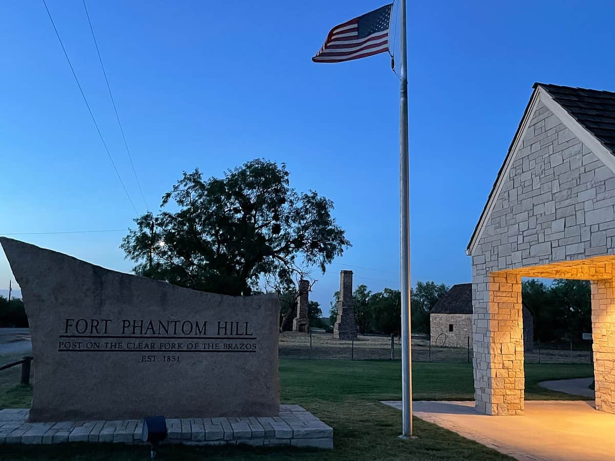 Entrance sign and stone building at Fort Phantom Hill near Abilene