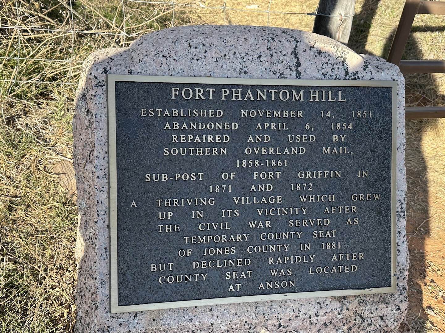 Historical marker at Fort Phantom Hill listing its 1851 founding