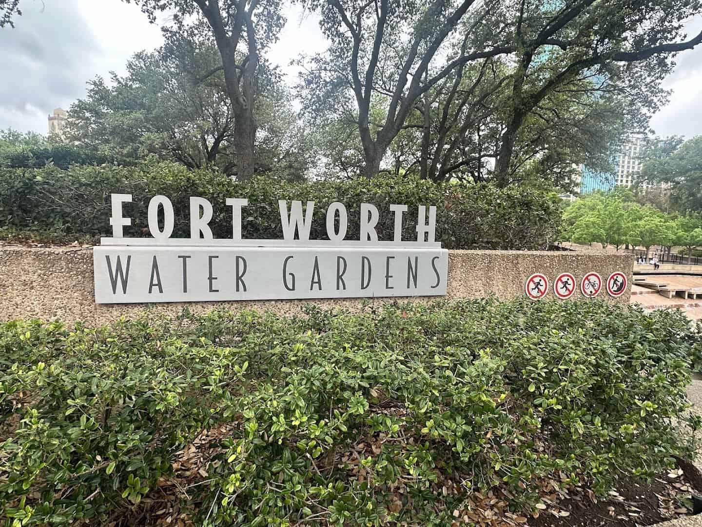 The Fort Worth Water Gardens entrance sign