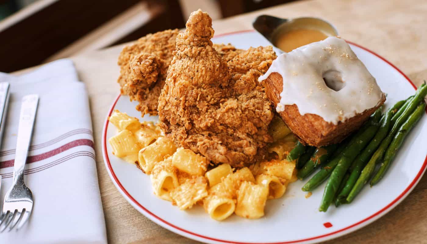 Fried chicken plate with mac and cheese, biscuit and green beans at Founding Farmers in Washington DC