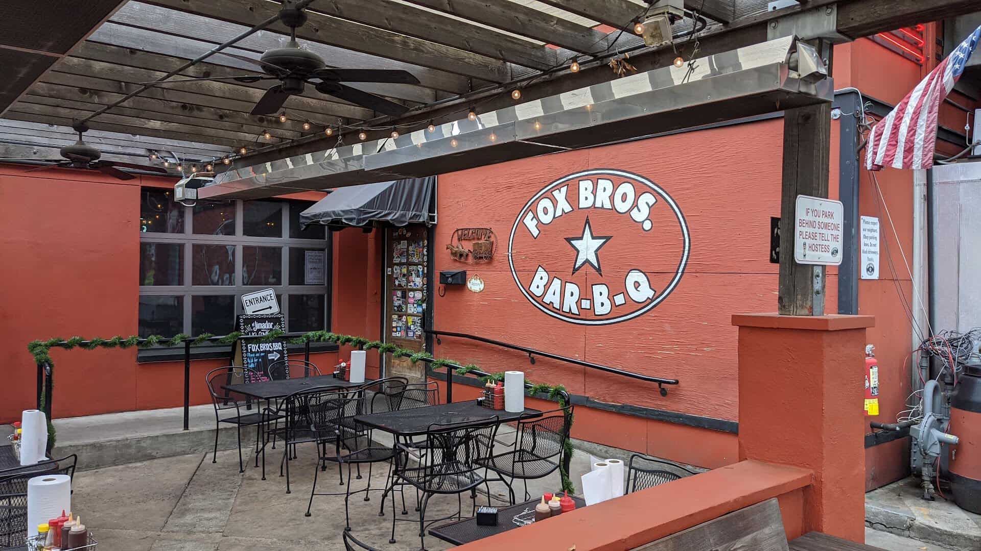 Fox Bros. Bar-B-Q storefront and patio sign in Atlanta, Georgia