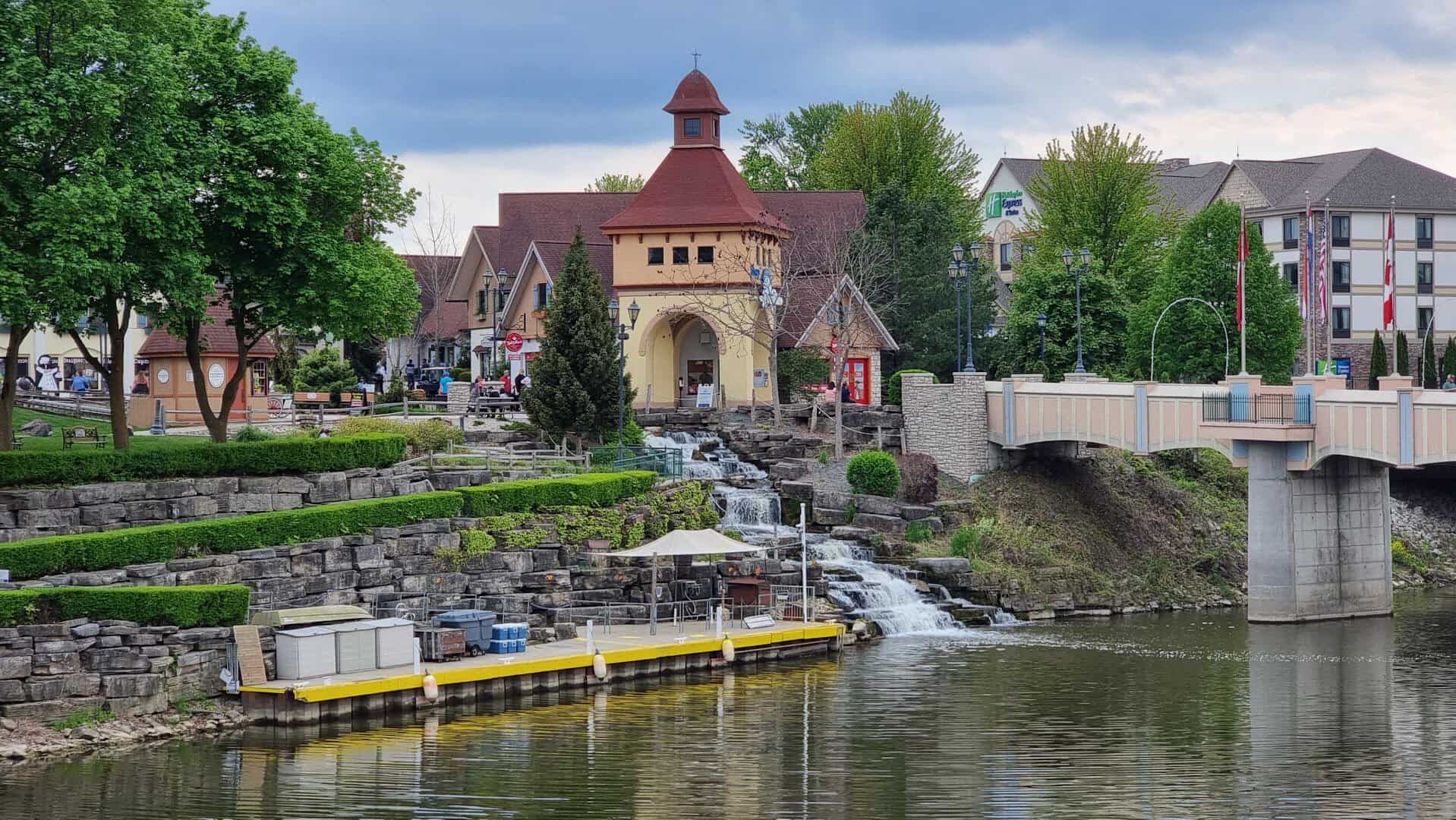 Riverside Bavarian buildings and bridge in Frankenmuth, Michigan