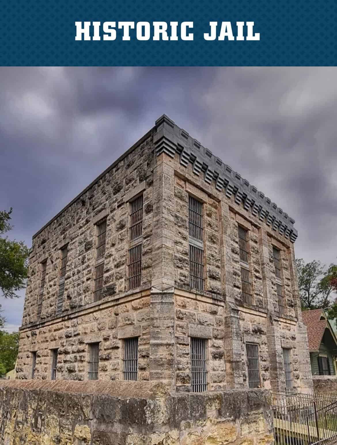 Historic limestone jail building in Fredericksburg, Texas