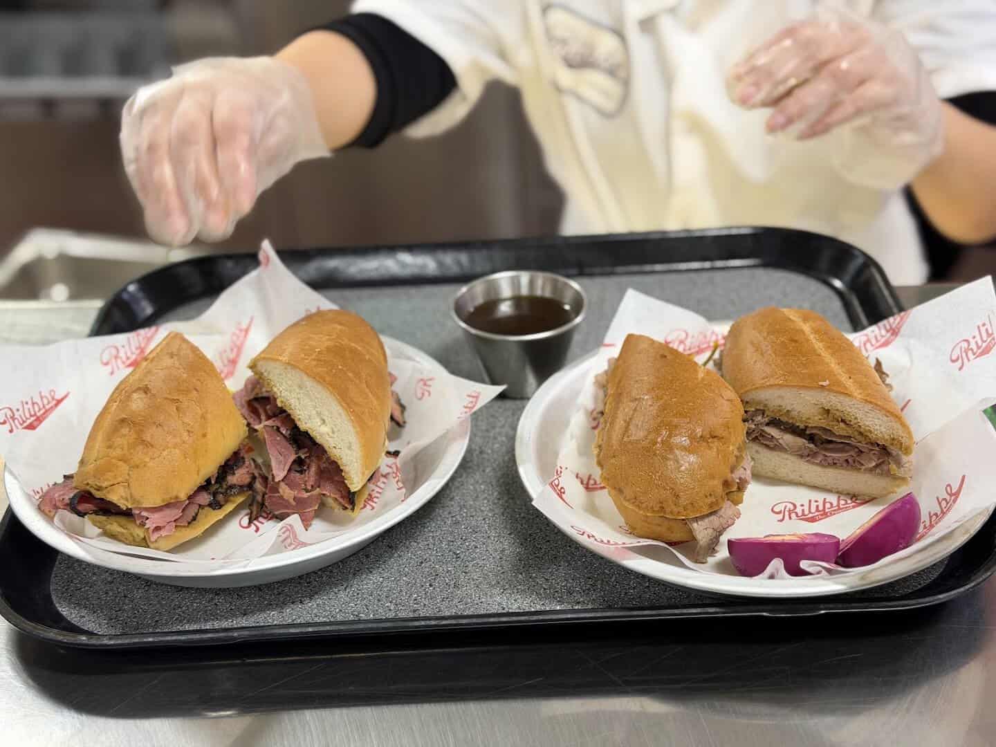 French dip sandwiches with au jus at Philippe the Original in Los Angeles