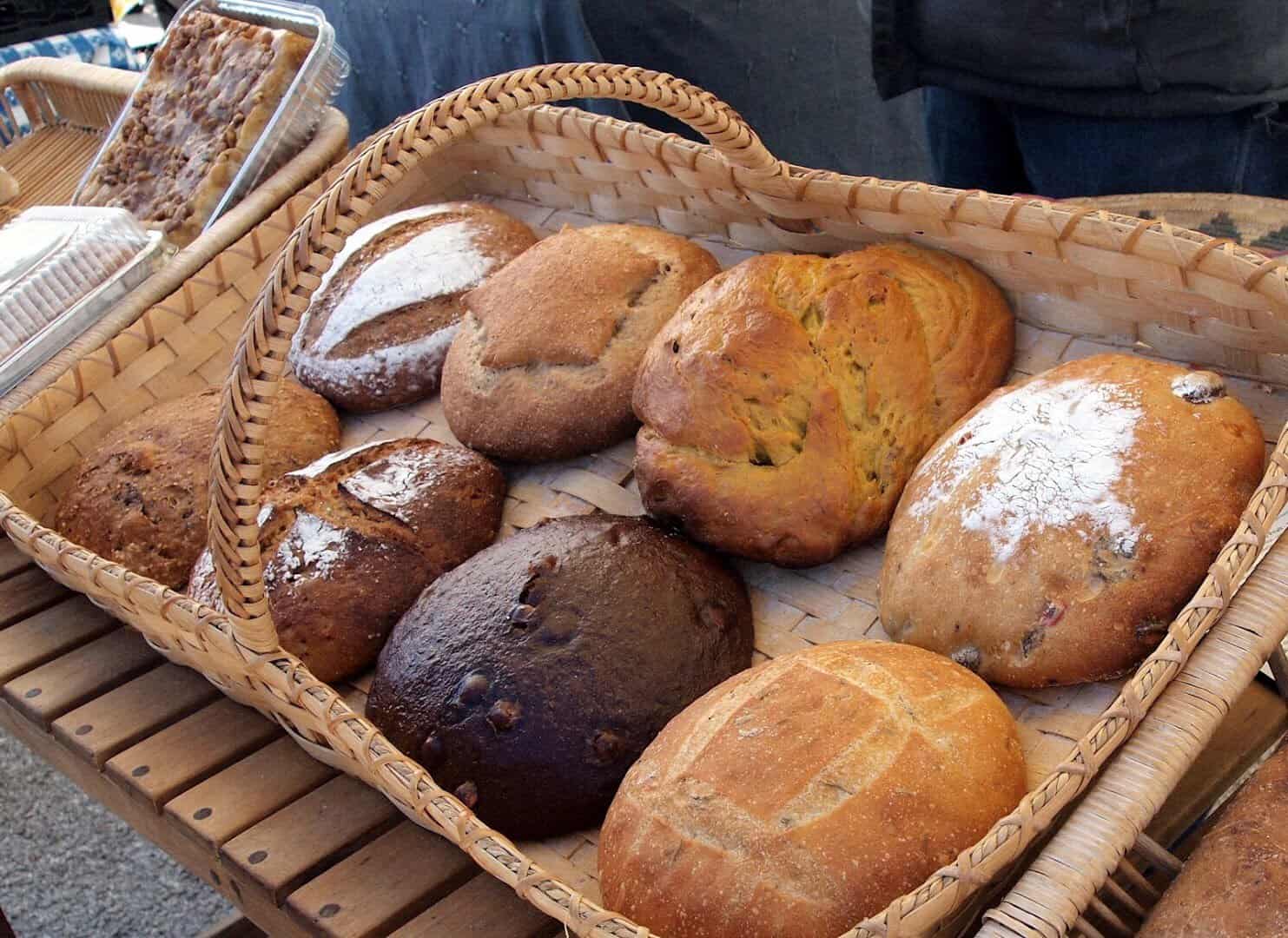 Basket of fresh baked breads and rolls at Barton Creek Farmers Market in Austin, Texas