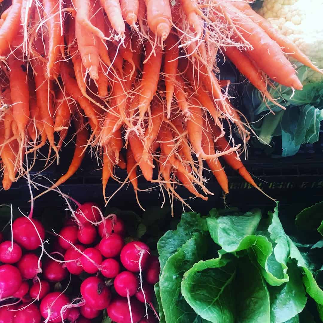 Bunches of fresh carrots, radishes, and lettuce at Barton Creek Farmers Market in Austin, Texas