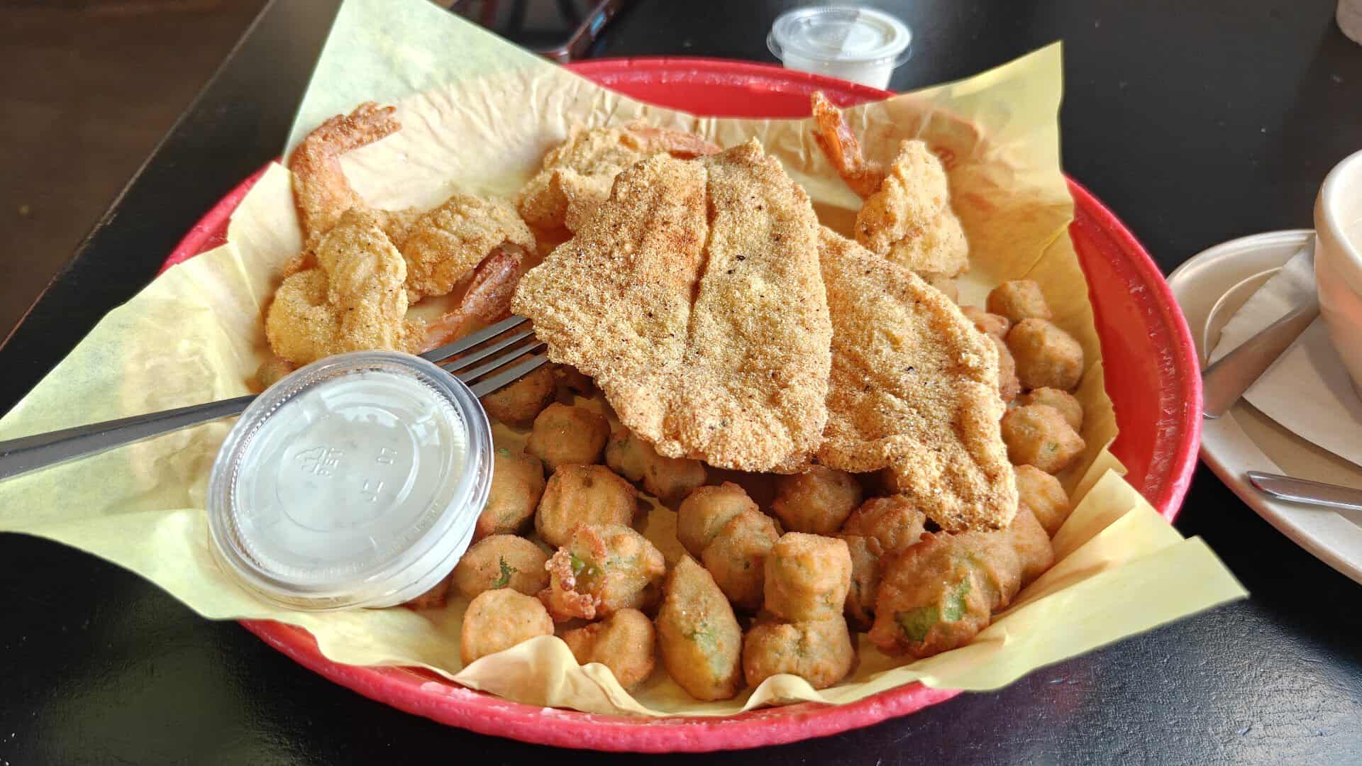 Fried catfish, shrimp and okra basket at Fish Shack in Plano, Texas