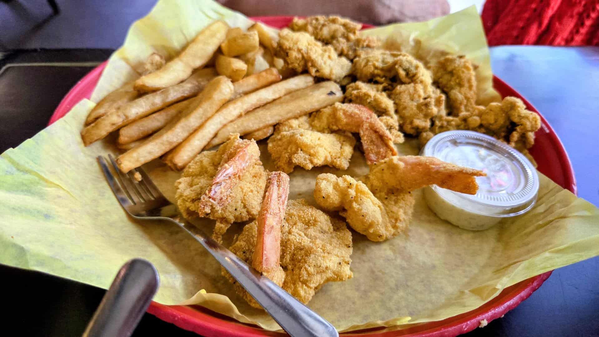 Fried catfish, shrimp and oyster combo basket at Fish Shack in Plano, Texas