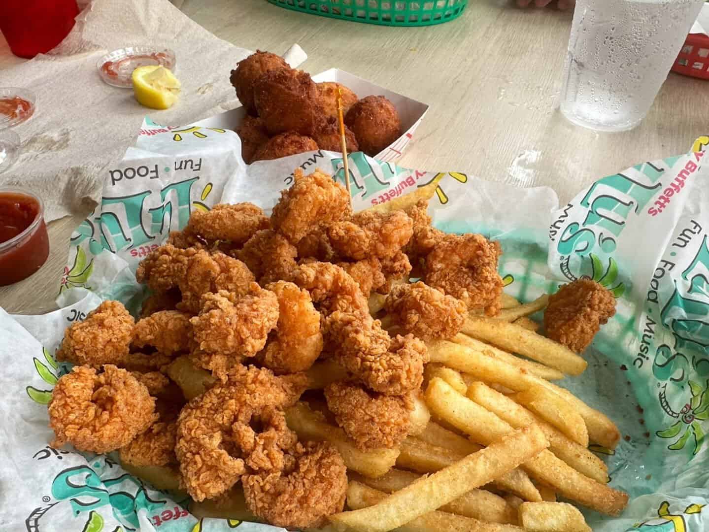 Basket of fried Gulf shrimp with fries at Gulf Shores, Alabama