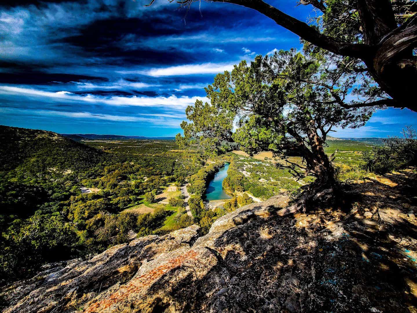 The Frio River valley seen from a rocky overlook at Garner State Park in Concan, Texas