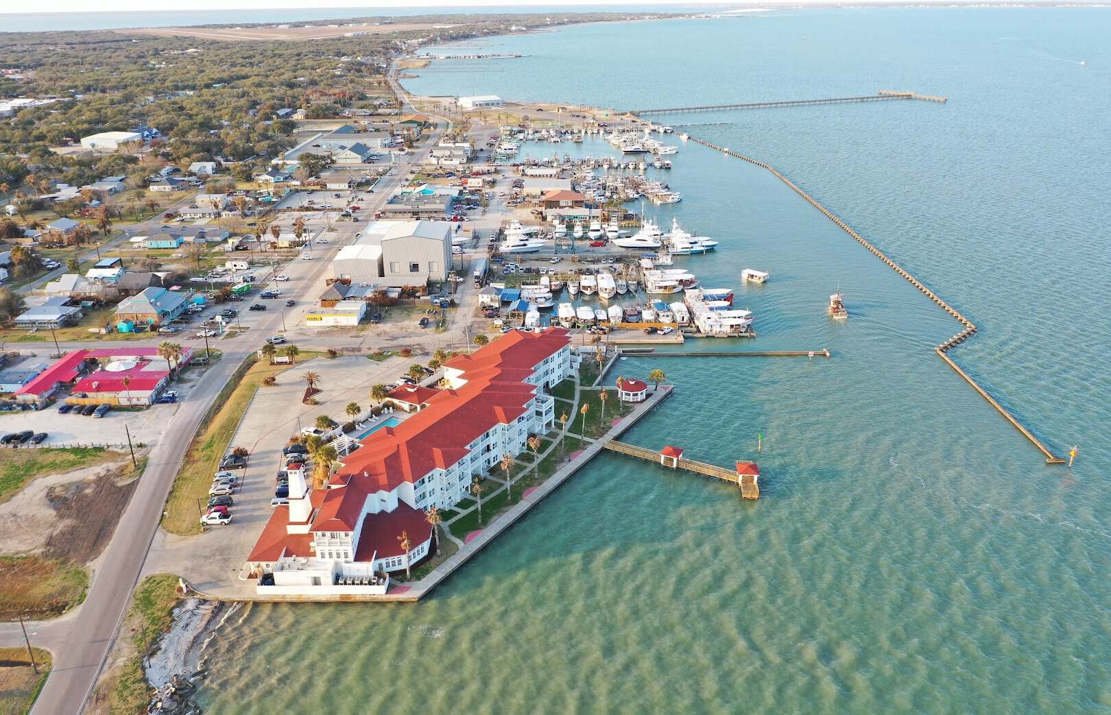 Aerial view of Fulton Harbor and the boat channel, Texas