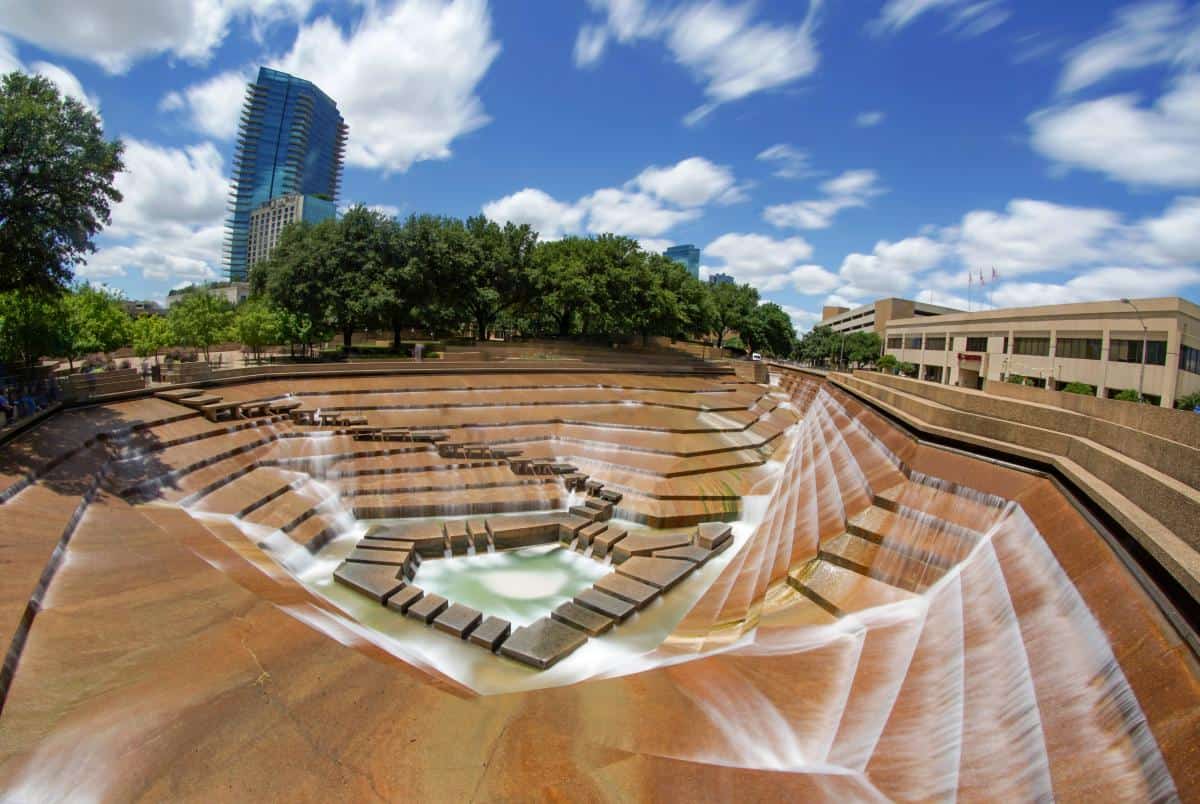 The Active Pool and downtown skyline at the Fort Worth Water Gardens
