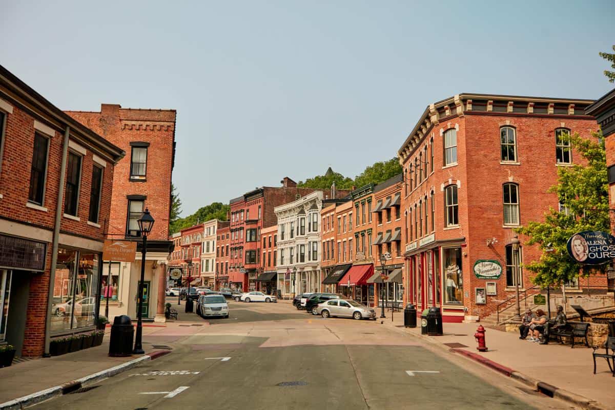 Historic brick storefronts on Main Street in Galena, Illinois