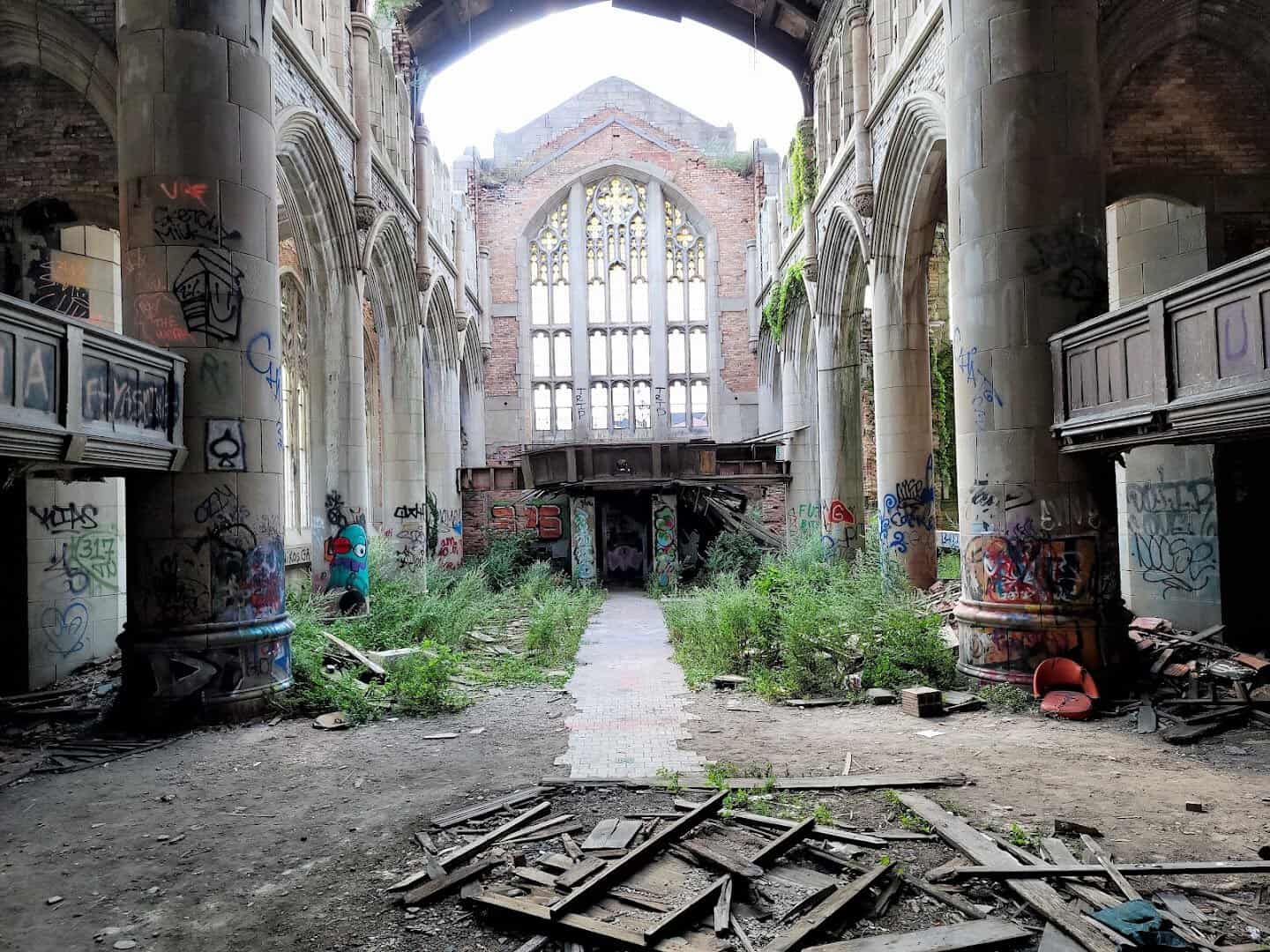 Roofless ruined interior of City Methodist Church in Gary, Indiana