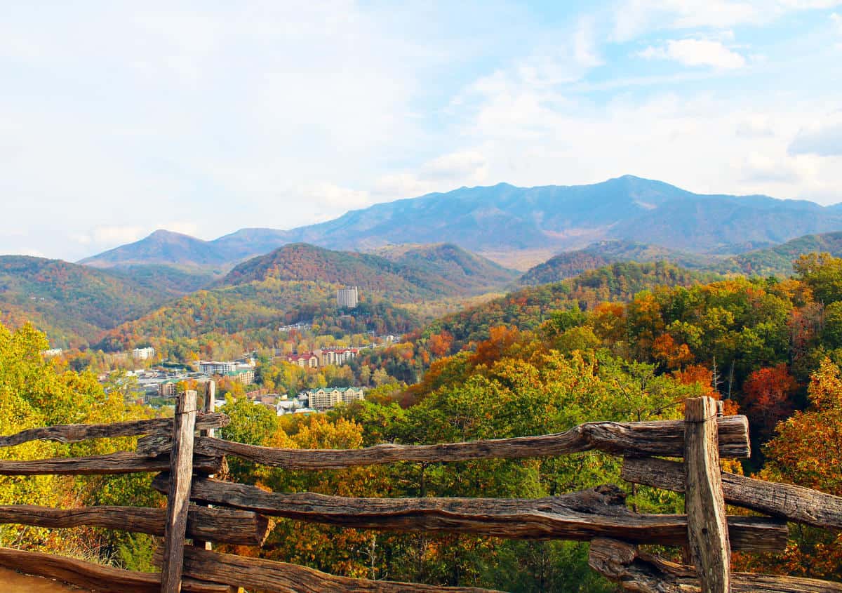 Fall foliage covering the Great Smoky Mountains above Gatlinburg, Tennessee