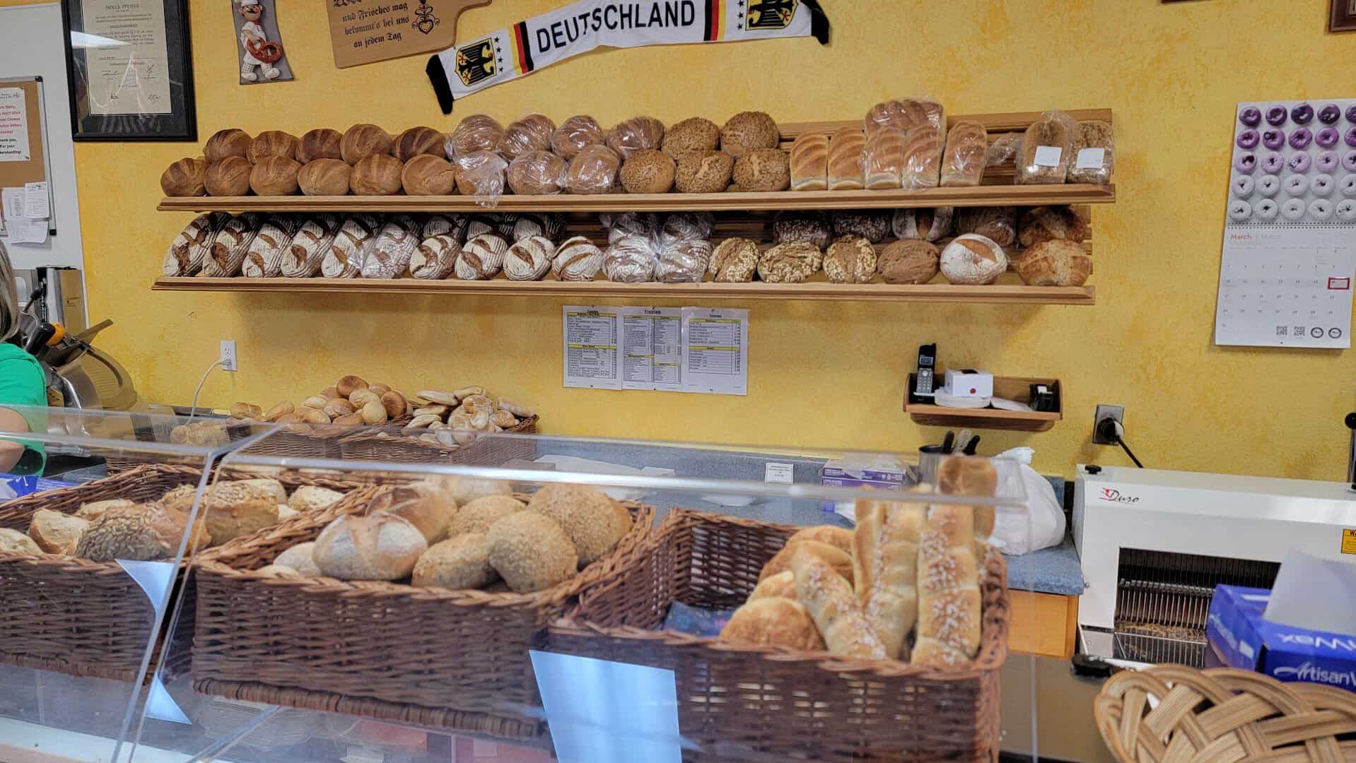 Baskets of fresh German breads and rolls at Pfeifer's German Bakery in Harker Heights, Texas