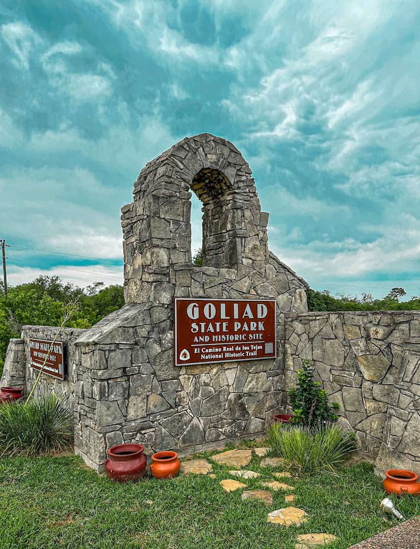 Stone entrance sign for Goliad State Park and Historic Site, Texas