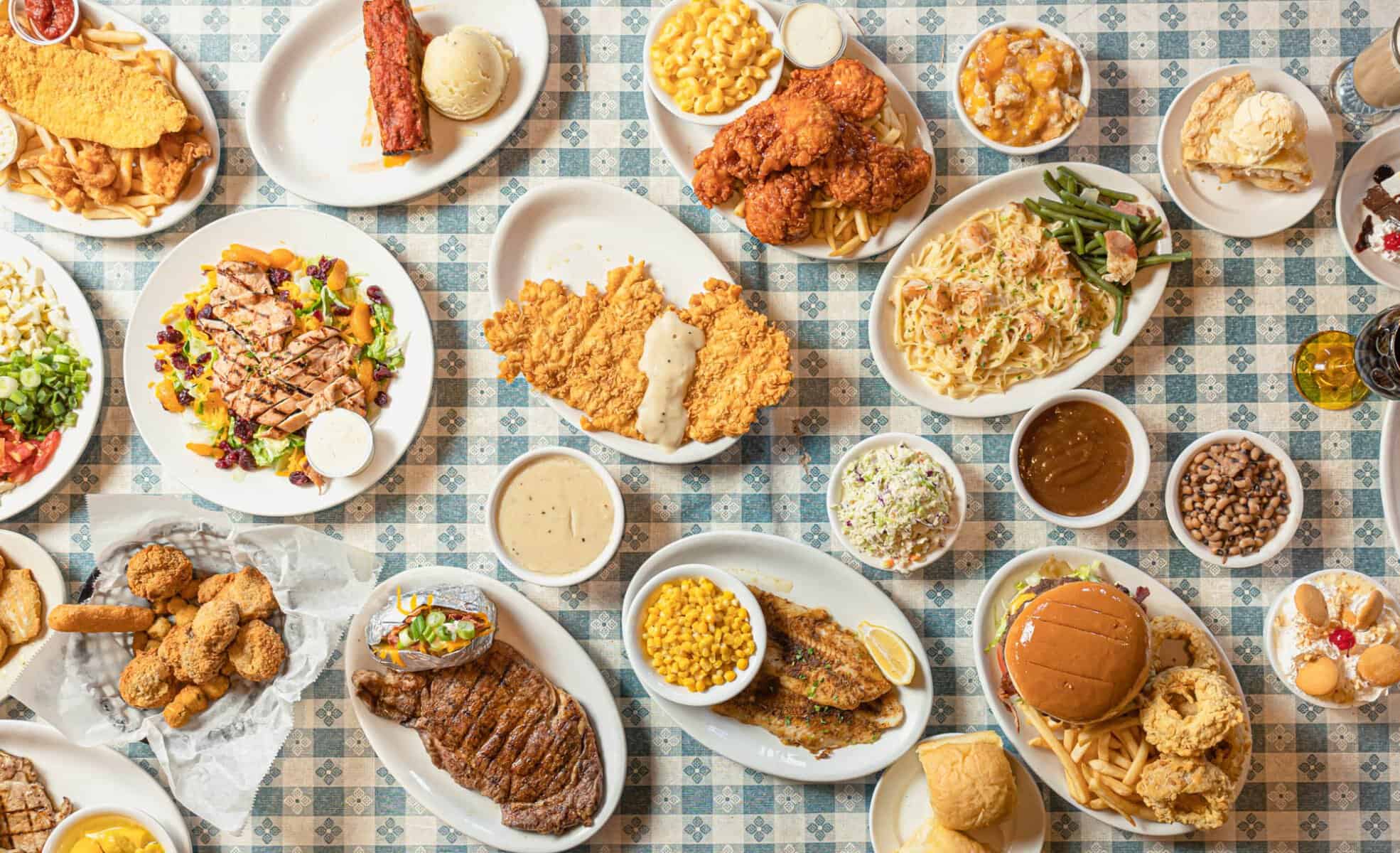 Chicken fried steak and Texas comfort food spread at Goodson's Cafe in Tomball, Texas