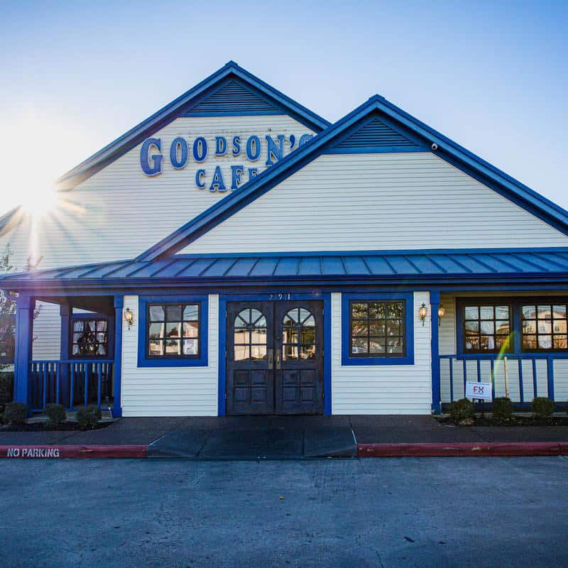 Exterior and sign of Goodson's Cafe on Highway 249 in Tomball, Texas