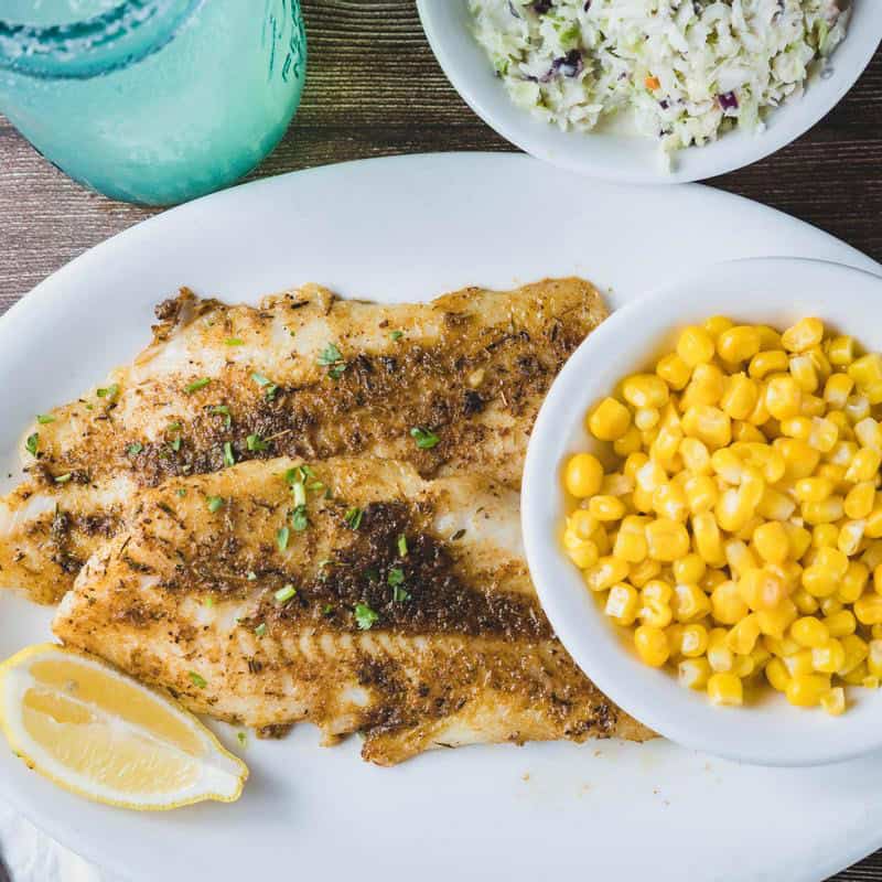 Fried catfish plate with corn and coleslaw at Goodson's Cafe in Tomball