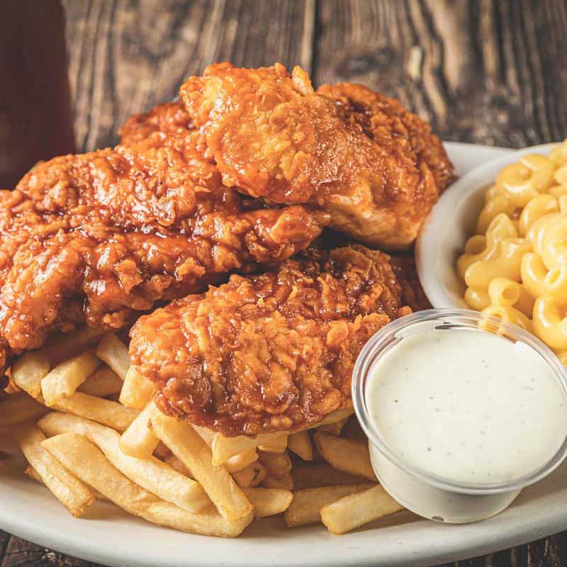 Fried chicken plate with mac and cheese at Goodson's Cafe in Tomball