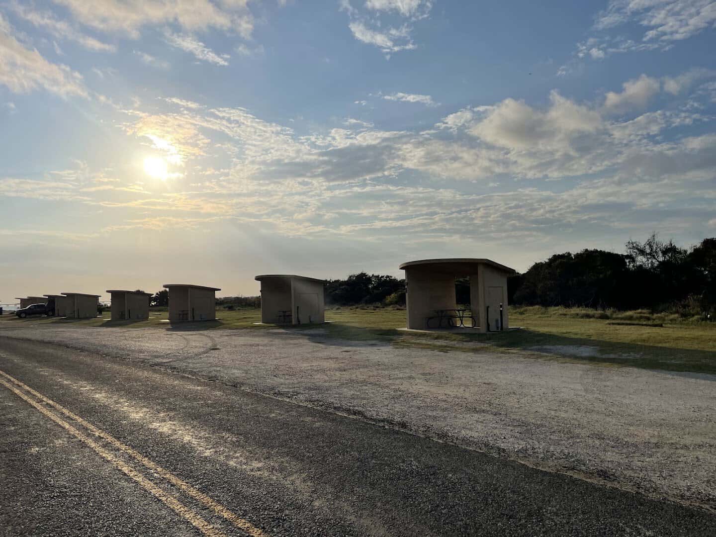 Bayfront campsites at dawn at Goose Island State Park near Rockport, Texas