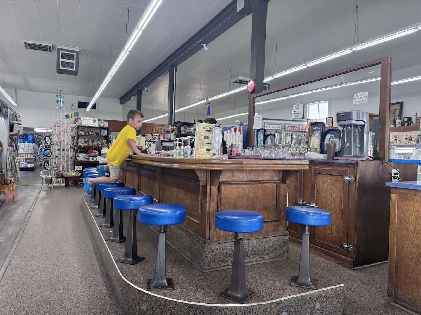The vintage soda fountain counter and stools at Grants Pass Pharmacy in Oregon