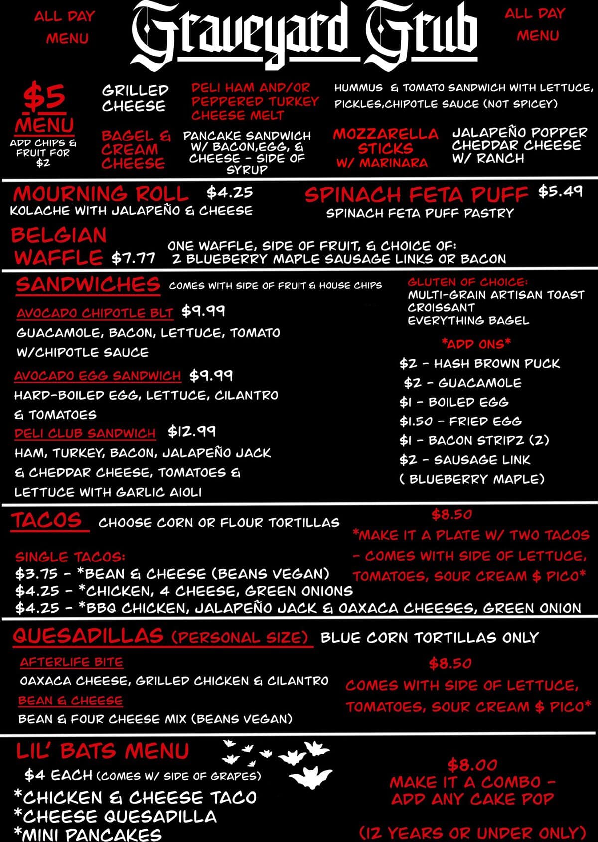 Graveyard Grub food menu at Triple Six Social with Belgian waffles and sandwiches