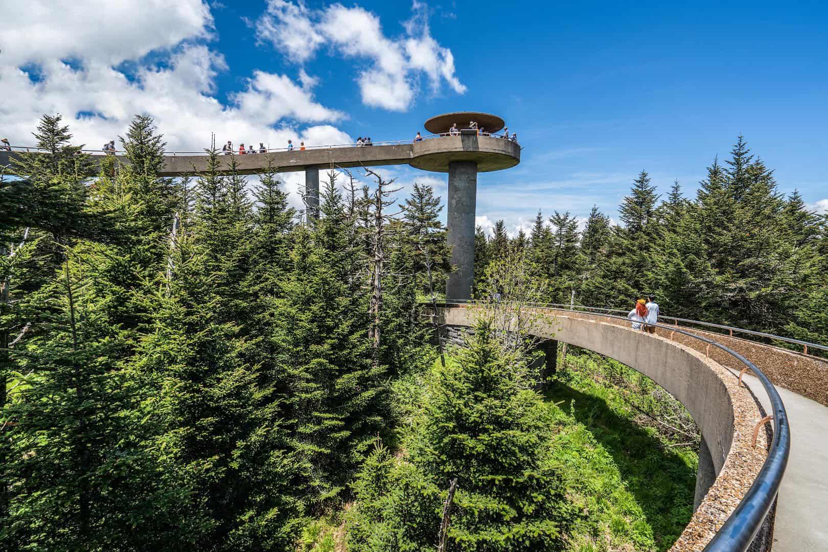 Observation tower and layered blue ridges at Great Smoky Mountains National Park