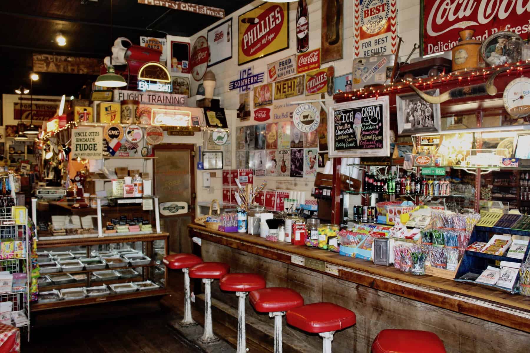 Old-fashioned soda fountain interior at Gruene General Store in New Braunfels, Texas