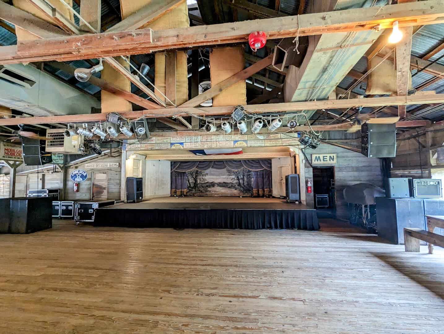 Inside Gruene Hall with its wooden dance floor and string lights