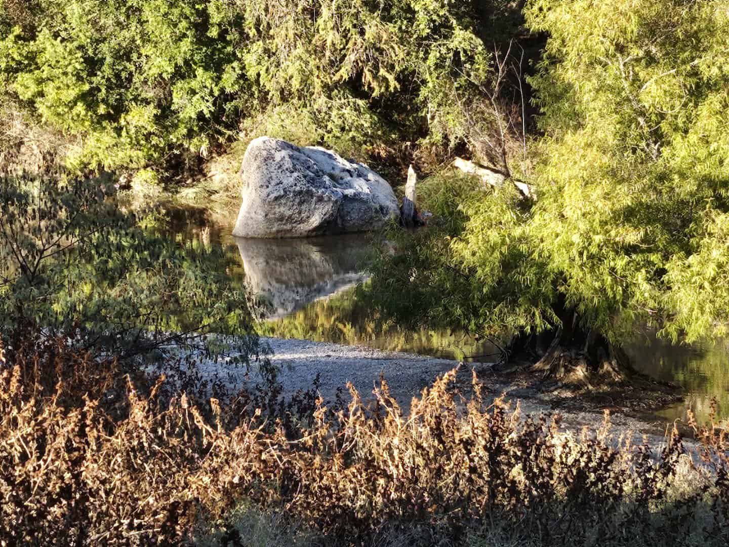 Boulder and calm reflection on the Guadalupe River at Guadalupe River State Park