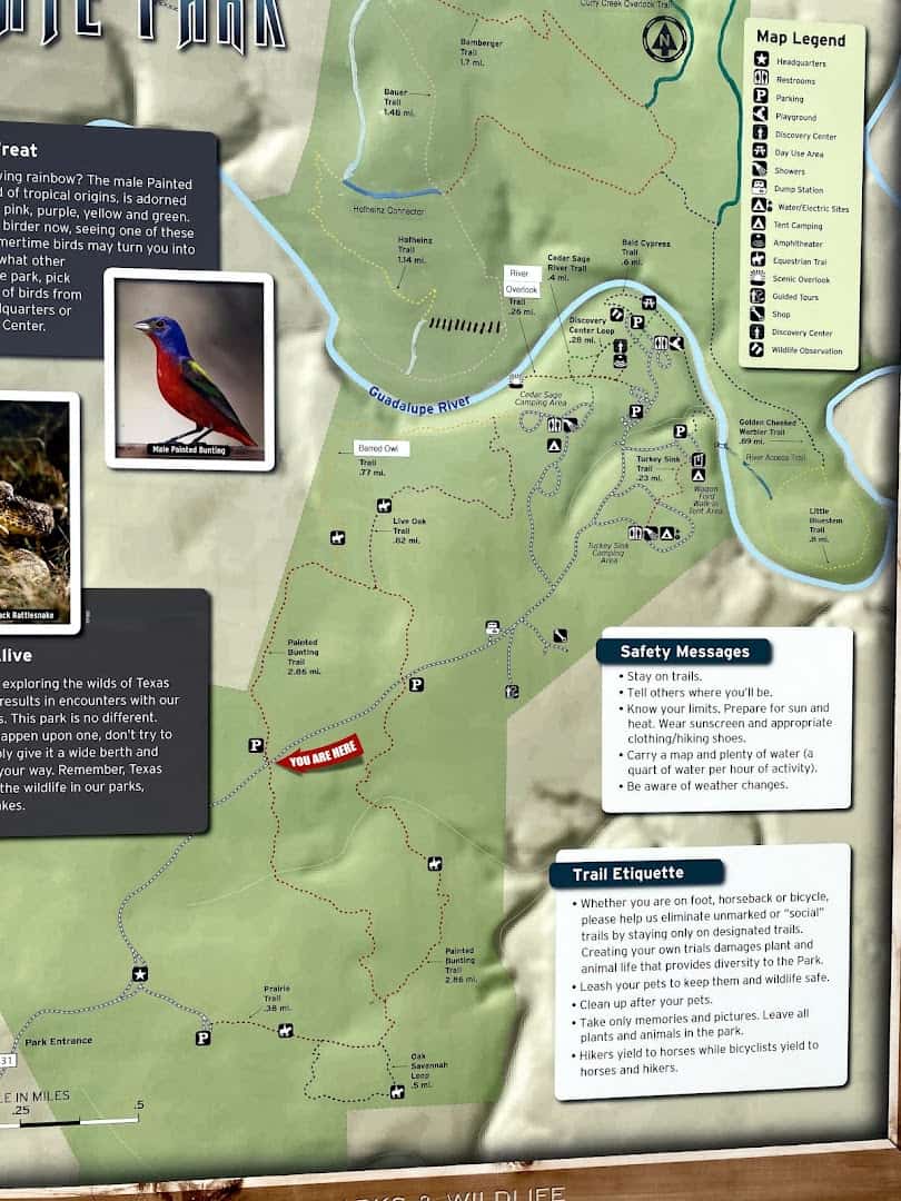 Trail map and information sign at Guadalupe River State Park near Honey Creek, Texas