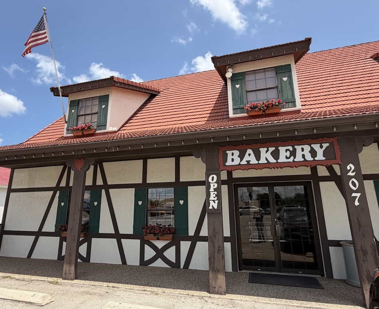 The half-timbered storefront of Haby's Alsatian Bakery in Castroville, Texas