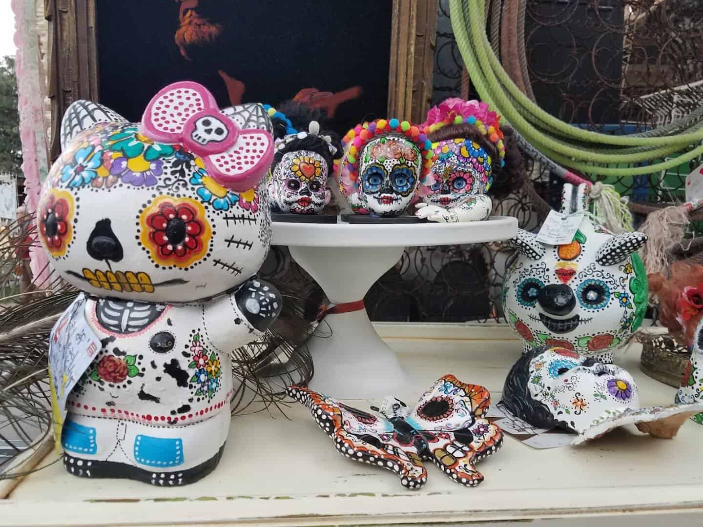 Handmade painted skulls on display at Wimberley Market Days