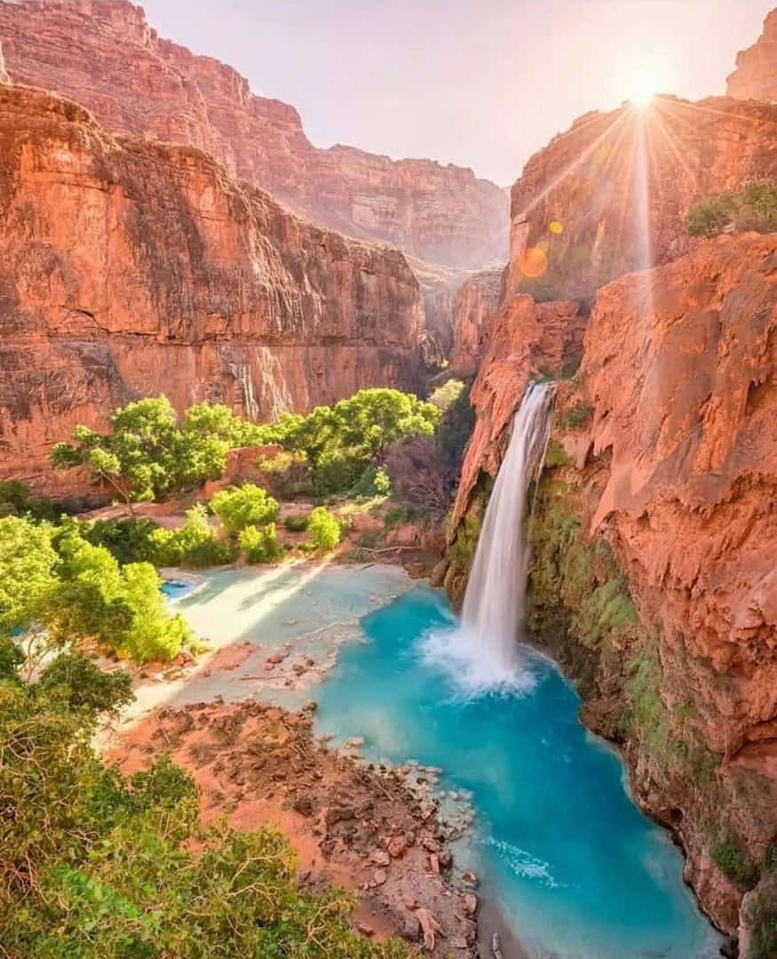 Havasu Falls pouring into a turquoise pool, Arizona