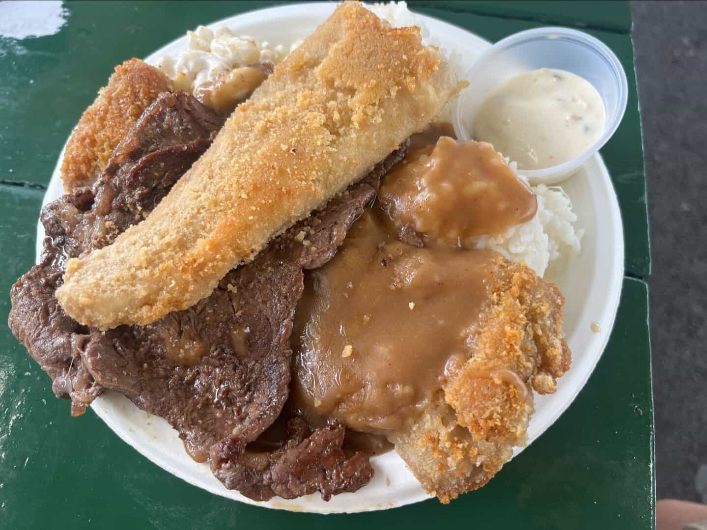 Hawaiian plate lunch with two scoops rice, macaroni salad, beef and gravy at Rainbow Drive-In