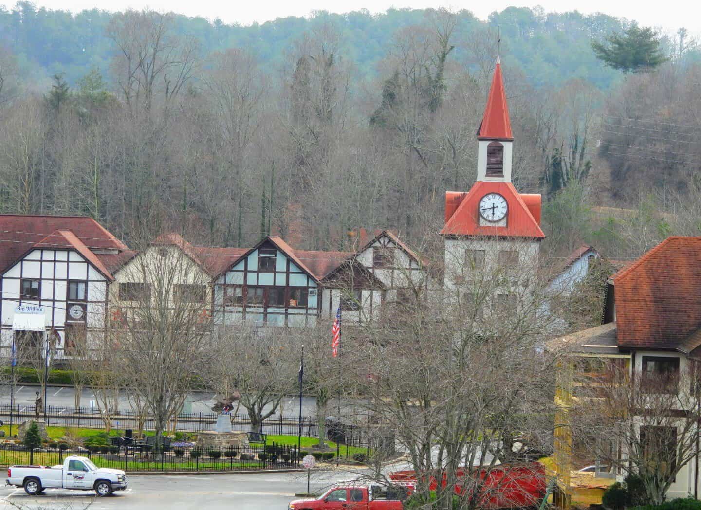 Alpine village rooftops and wooded hills in Helen, Georgia
