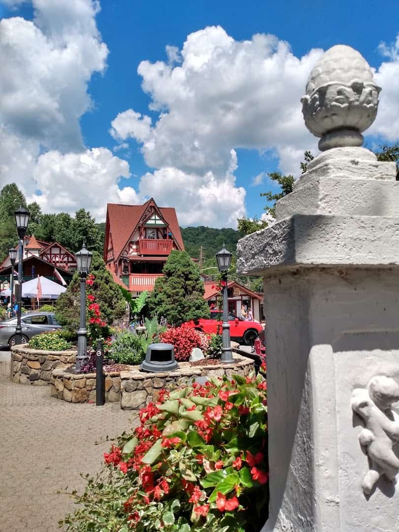 Bavarian-style buildings with red roofs and flowers in Helen, Georgia