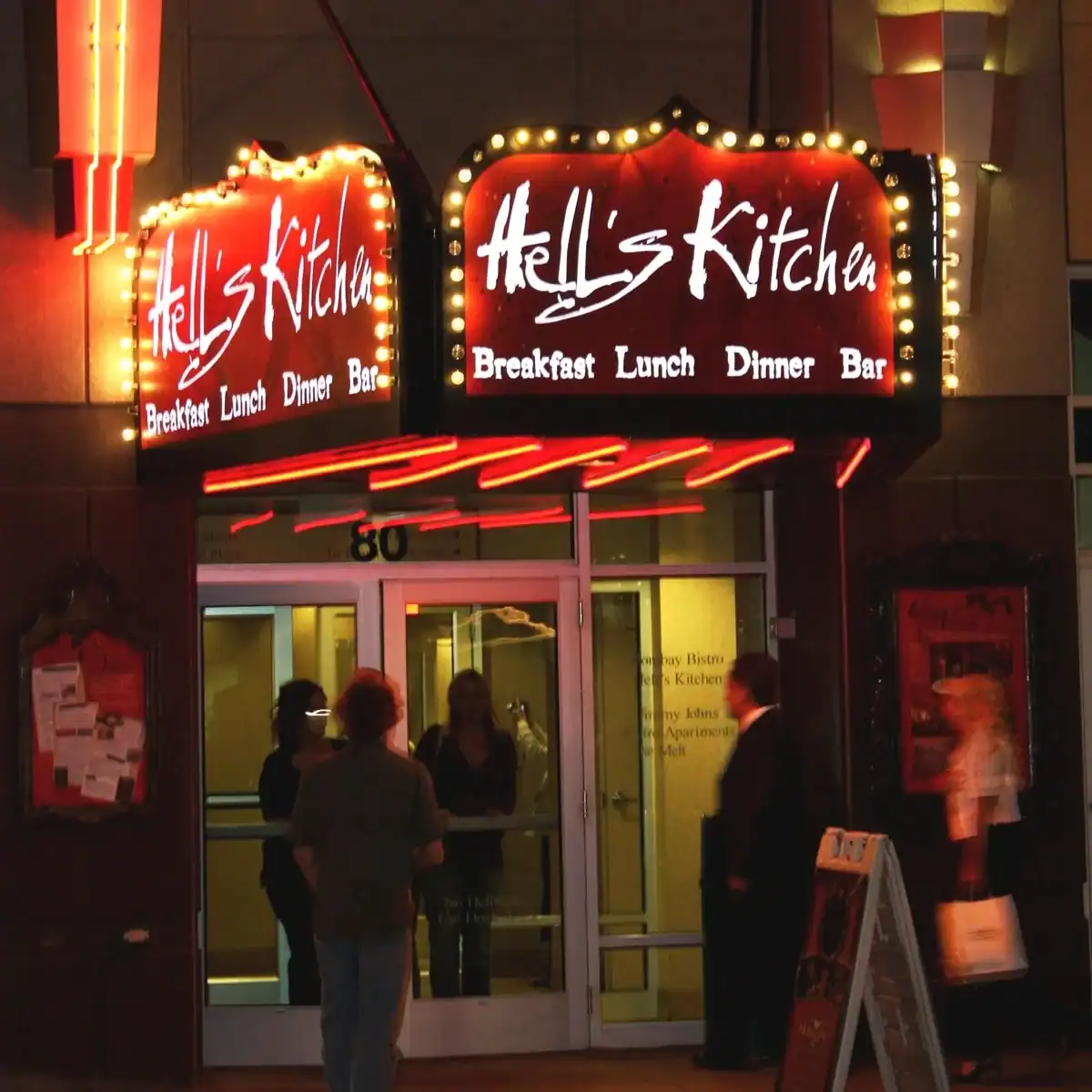 Neon marquee sign at the entrance of Hell's Kitchen restaurant in downtown Minneapolis, Minnesota
